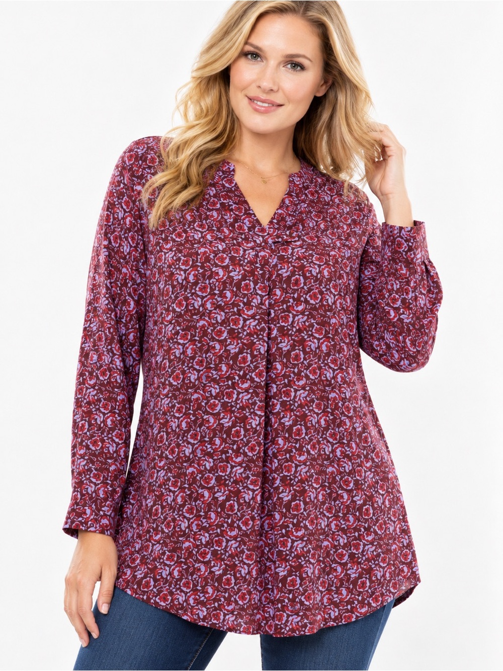 NWT Women’s 14/16 Burgundy Floral Tab Front Long Sleeve Tunic Top